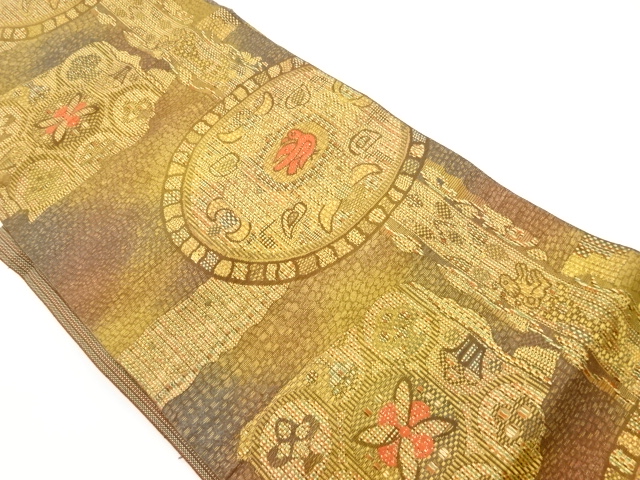 本場筑前博多丸文に鳥・抽象華紋模様織出し名古屋帯